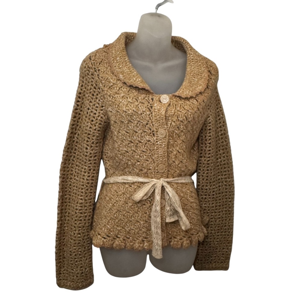 Anthropologie Moth Open Crochet Cardigan Sweater Size S Tan Belted Boho - Picture 4 of 9